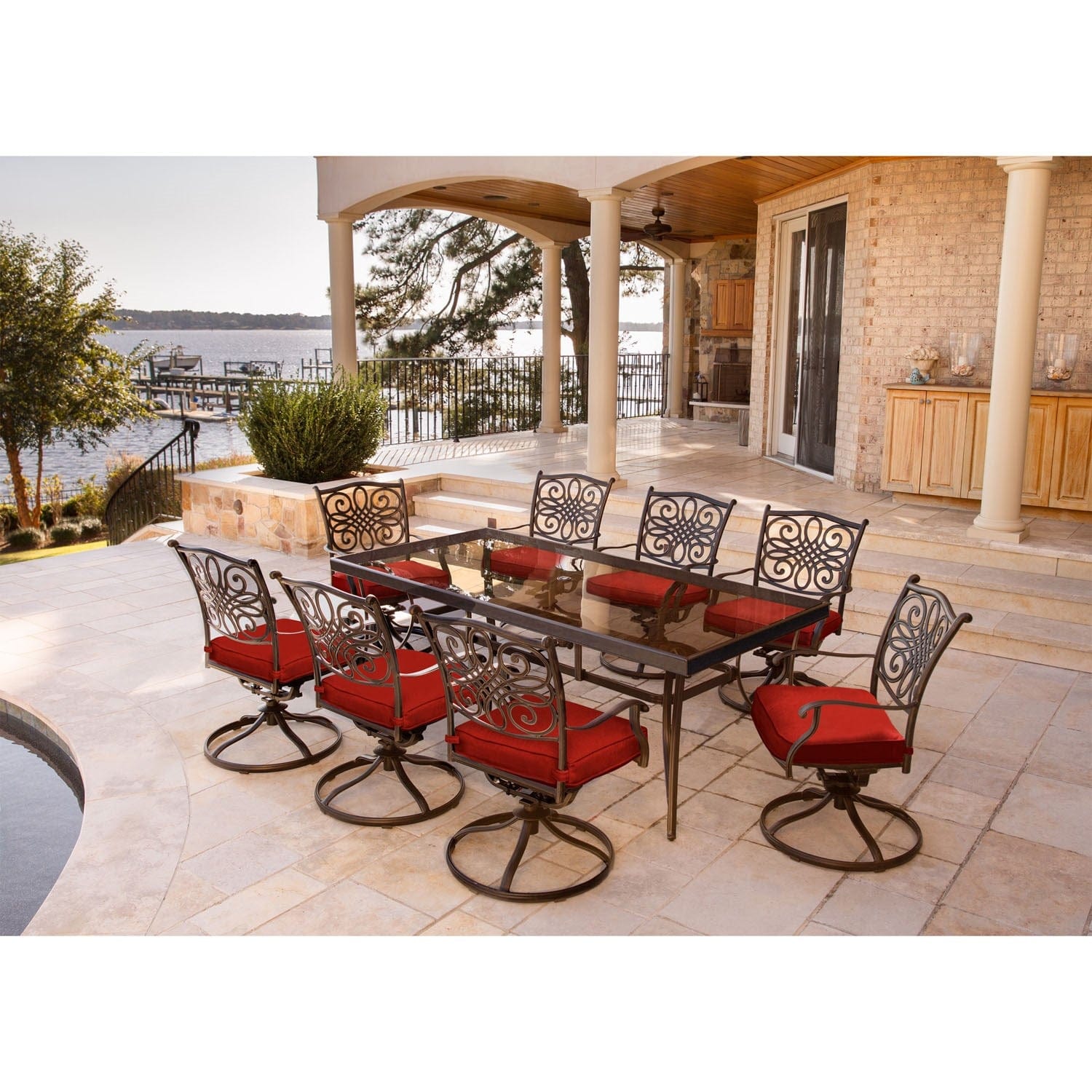 Hanover Outdoor Dining Set Hanover Traditions 9-Piece Aluminium Frame Dining Set in Red with Extra Large Glass-Top Dining Table | TRADDN9PCSWG-RED