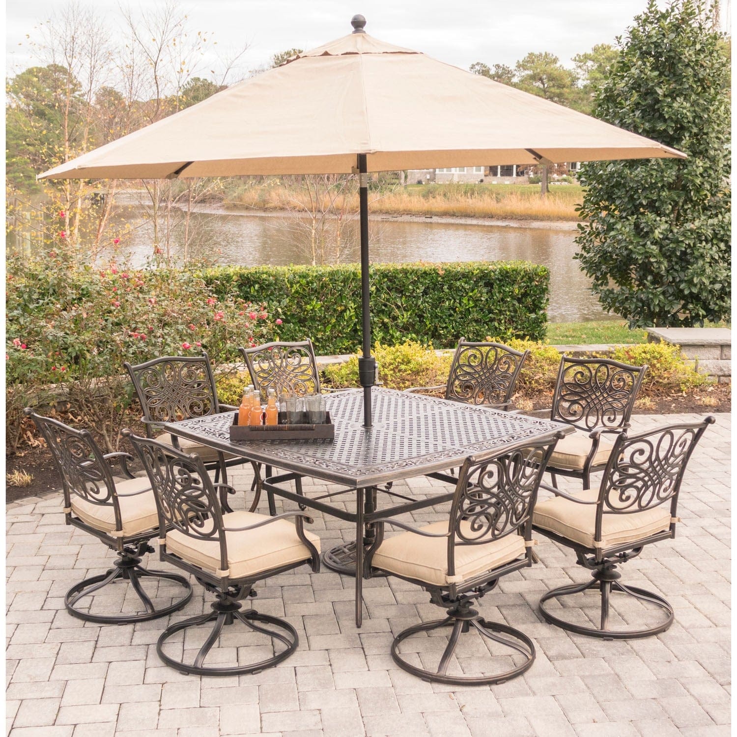 Hanover Outdoor Dining Set Hanover Traditions 9-Piece Aluminium Frame Dining Set in Tan with 60 In. Square Cast-Top Dining Table, 11 Ft. Table Umbrella, and Umbrella Stand | TRADDN9PCSWSQ8-SU