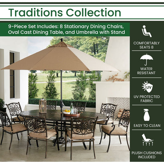 Hanover Outdoor Dining Set Hanover Traditions 9-Piece Aluminium Frame Dining Set in Tan with 8 Dining Chairs, 95-in. x 60-in. Oval Cast-Top Table, Umbrella and Stand | TRADDN9PCOV-SU-T