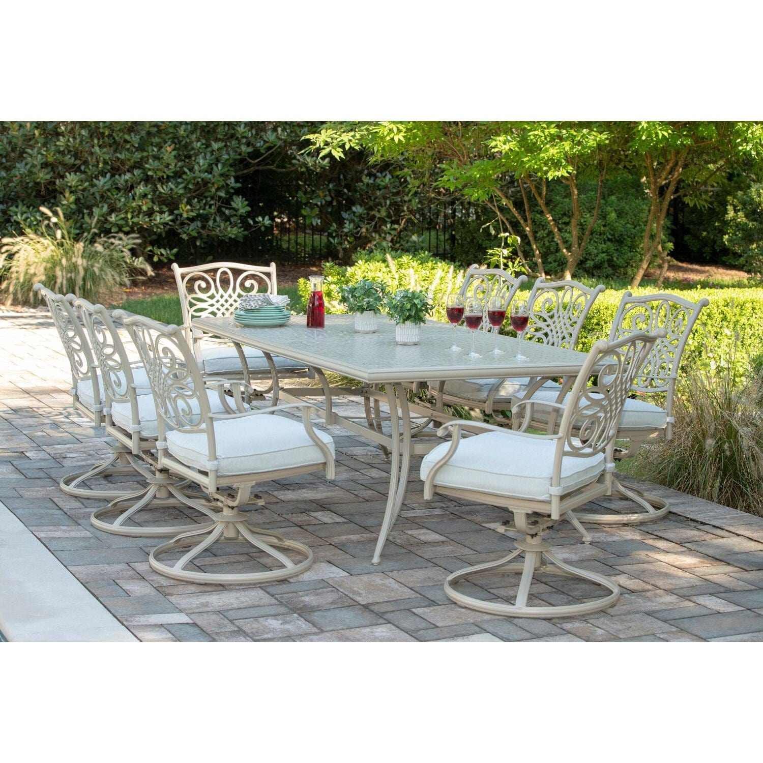Hanover Outdoor Dining Set Hanover Traditions 9-Piece Aluminium Frame Dining Set with 8 Swivel Rockers, Large 84-in. x 42-in. Cast-top Table, 11-Ft. Table - TRADDNSD9PCSW8-BE