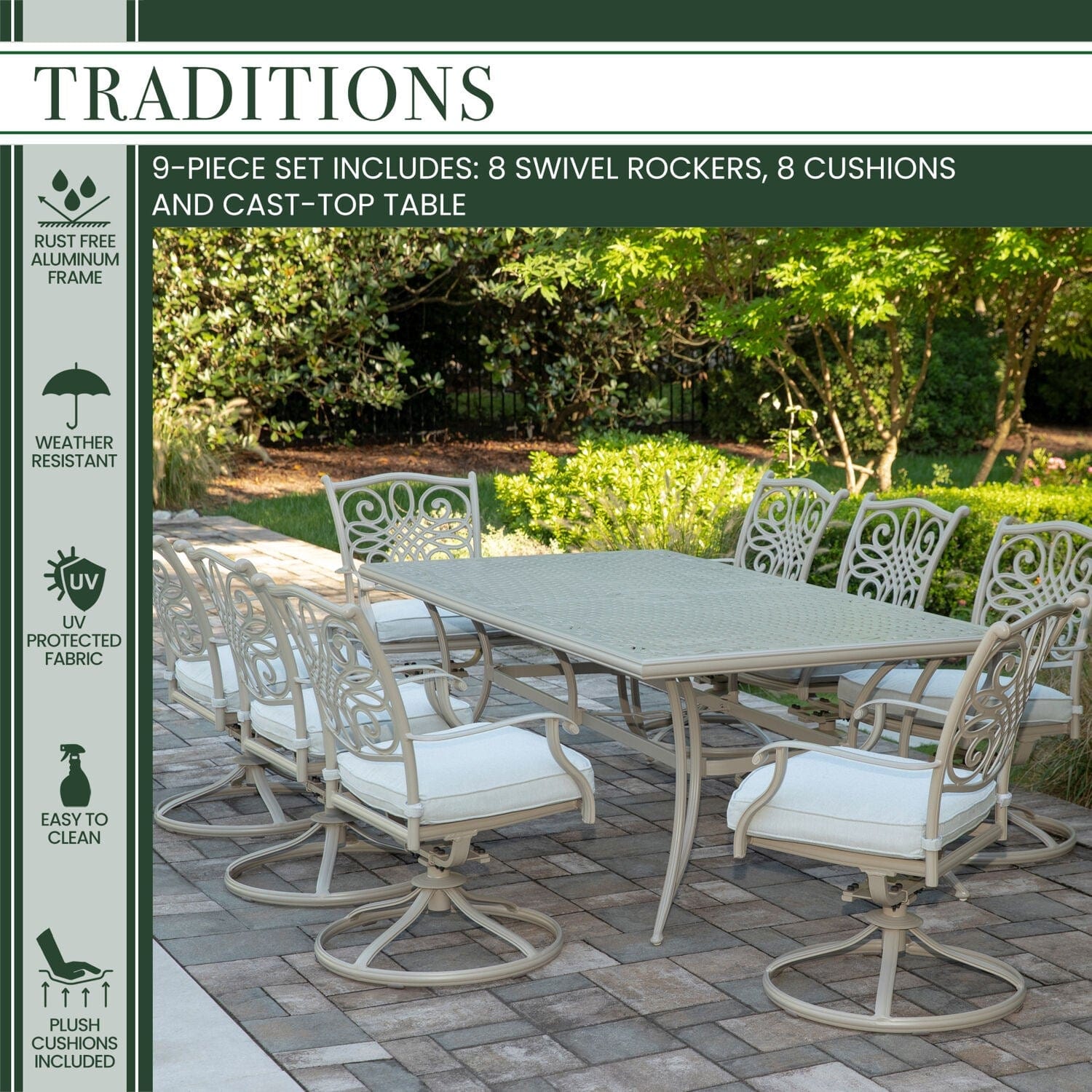 Hanover Outdoor Dining Set Hanover Traditions 9-Piece Aluminium Frame Dining Set with 8 Swivel Rockers, Large 84-in. x 42-in. Cast-top Table, 11-Ft. Table - TRADDNSD9PCSW8-BE