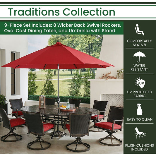Hanover Outdoor Dining Set Hanover Traditions 9-Piece Aluminium Frame Set in Red with 8 Wicker Back Swivel Rockers, 95-in. x 60-in. Oval Cast Dining Table, Umbrella and Stand | TRADDNWB9PCOVSW8-SU-R