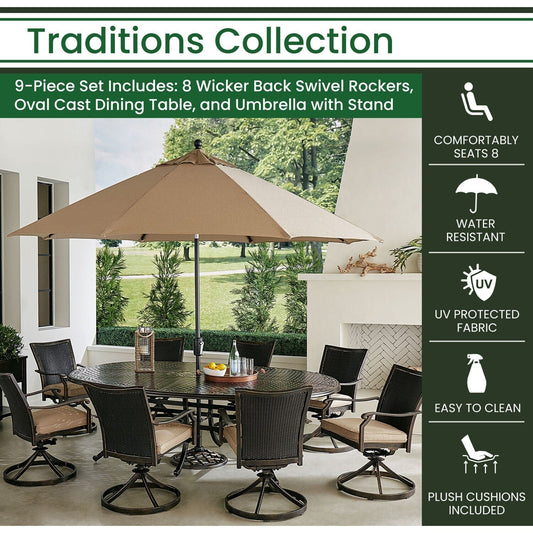 Hanover Outdoor Dining Set Hanover Traditions 9-Piece Aluminium Frame Set in Tan with 8 Wicker Back Swivel Rockers, 95-in. x 60-in. Oval Cast Dining Table, Umbrella and Stand | TRADDNWB9PCOVSW8-SU-T