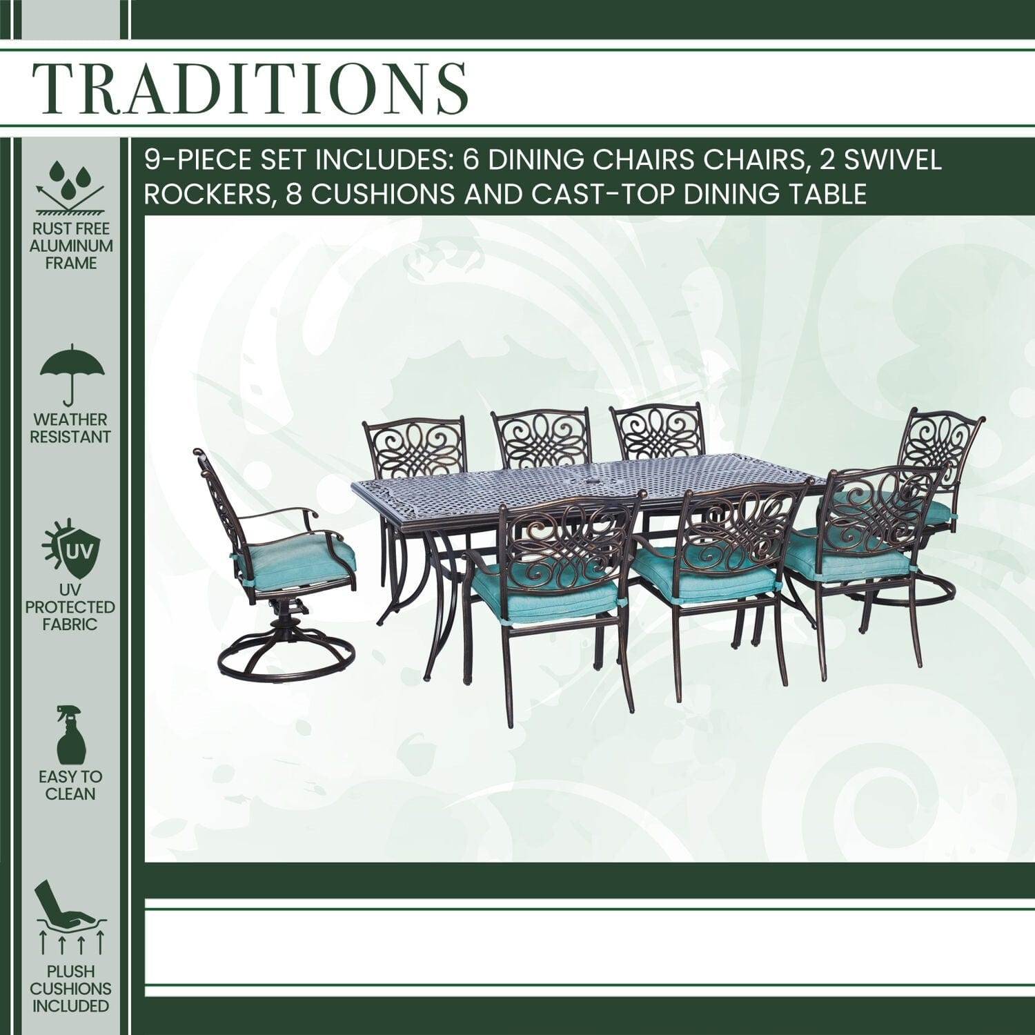 Hanover Outdoor Dining Set Hanover - Traditions 9-Piece Aluminum Frame Dining Set in Blue with 6 Dining Chairs, 2 Benches, and a 42" x 84" Cast-Top Dining Table |  	TRAD9PCSW2-BLU