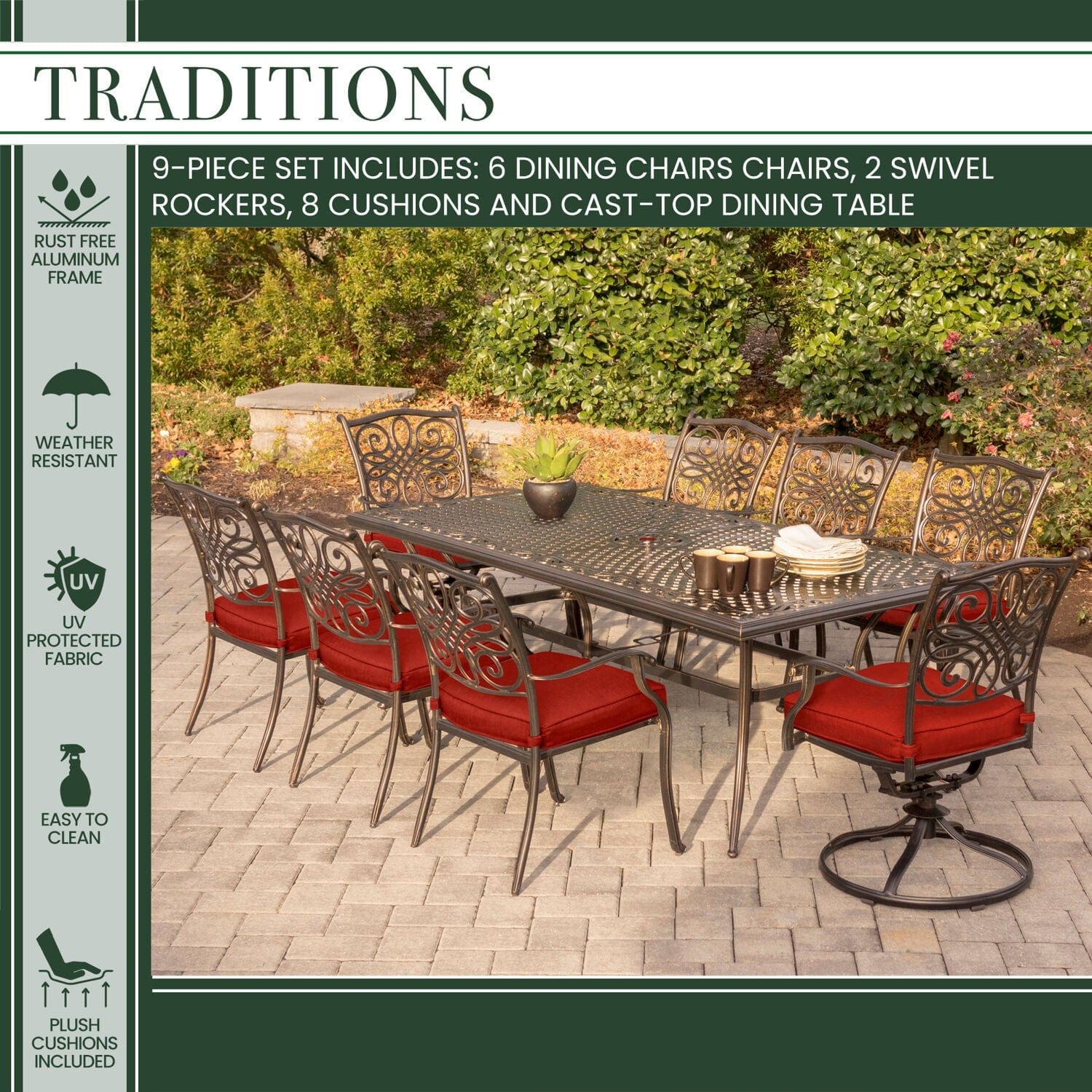 Hanover Outdoor Dining Set Hanover - Traditions 9-Piece Aluminum Frame Dining Set in Red | TRAD9PCSW2-RED