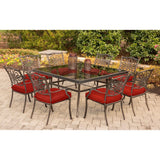 Hanover Outdoor Dining Set Hanover - Traditions 9-Piece Aluminum Frame Dining Set in Red with 60 In. Square Glass-Top Dining Table | TRADDN9PCSQG-RED