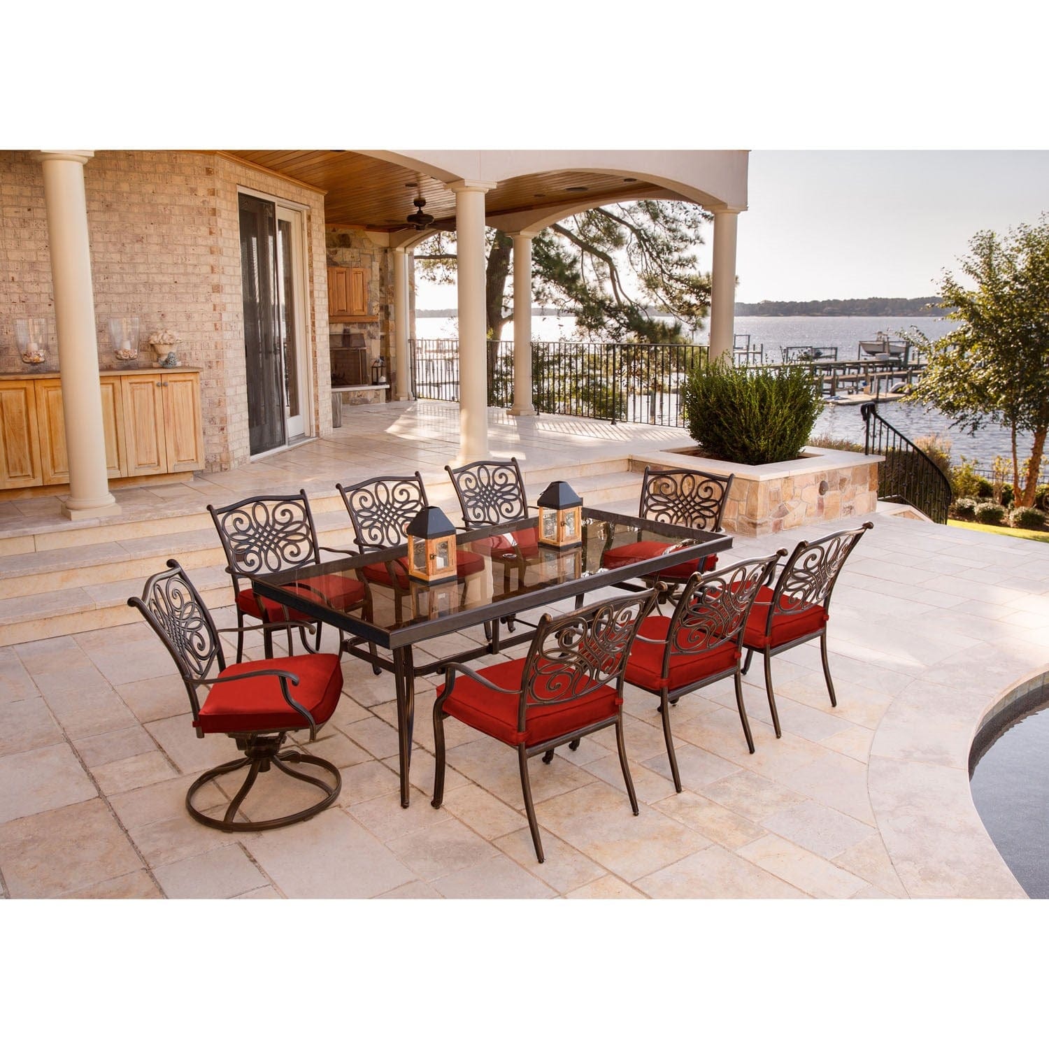 Hanover Outdoor Dining Set Hanover - Traditions 9-Piece Aluminum Frame Dining Set in Red with Extra Large Glass-Top Dining Table, 2 Swivel Rockers, and 6 Dining Chairs | TRADDN9PCSW2G-RED