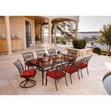 Hanover Outdoor Dining Set Hanover - Traditions 9-Piece Aluminum Frame Dining Set in Red with Extra Large Glass-Top Dining Table, 2 Swivel Rockers, and 6 Dining Chairs | TRADDN9PCSW2G-RED