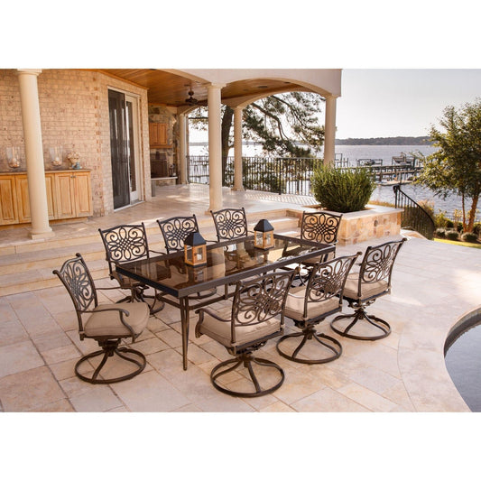 Hanover Outdoor Dining Set Hanover - Traditions 9-Piece Aluminum Frame Dining Set in Tan with Extra Large Glass-Top Dining Table | TRADDN9PCSWG