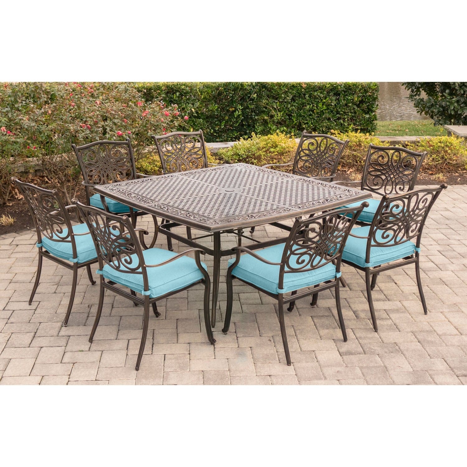 Hanover Outdoor Dining Set Hanover - Traditions 9-Piece Aluminum Frame Dining Set with Eight Dining Chairs Square Dining Set | Blue/Cast| TRADDN9PCSQ-BLU