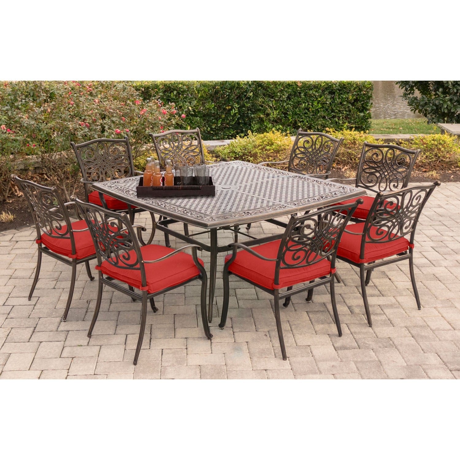 Hanover Outdoor Dining Set Hanover - Traditions 9-Piece Aluminum Frame Dining Set with Eight Dining Chairs Square Dining Set | Red/Cast | TRADDN9PCSQ-RED