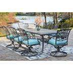 Hanover Outdoor Dining Set Hanover - Traditions 9-Piece Aluminum Outdoor Dining Set with Blue Cushions 8 Swivel Rockers and Dining Table TRADDNG9PCSW8-BLU