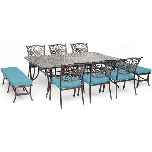 Hanover Outdoor Dining Set Hanover - Traditions 9-Piece Dining Set in Blue with 6 Dining Chairs, 2 Benches, and a 60" x 84" Cast-Top Dining Table - TRADDN9PCBN-BLU