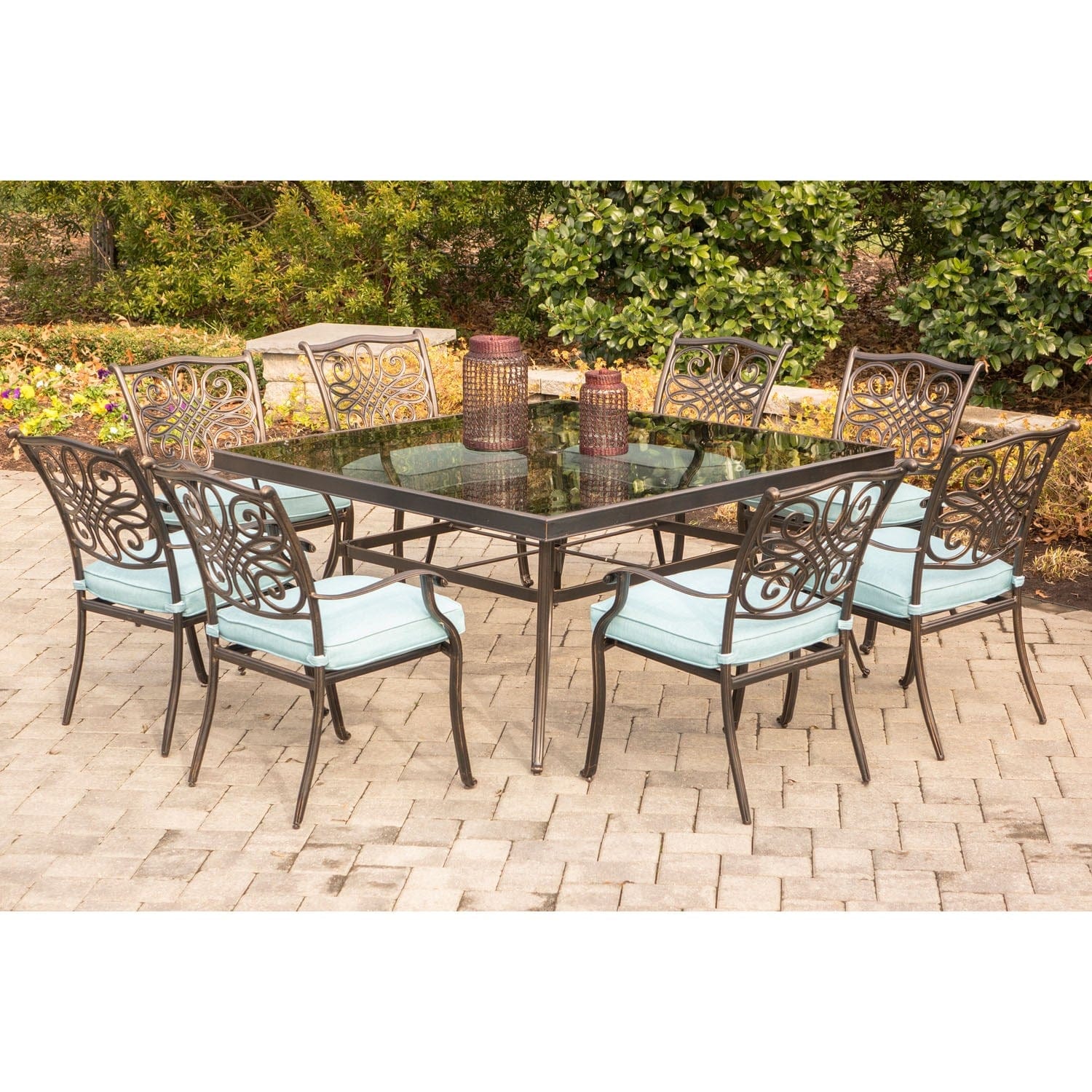 Hanover Outdoor Dining Set Hanover - Traditions 9-Piece Dining Set in Blue with 60 In. Square Glass-Top Dining Table | TRADDN9PCSQG-BLU