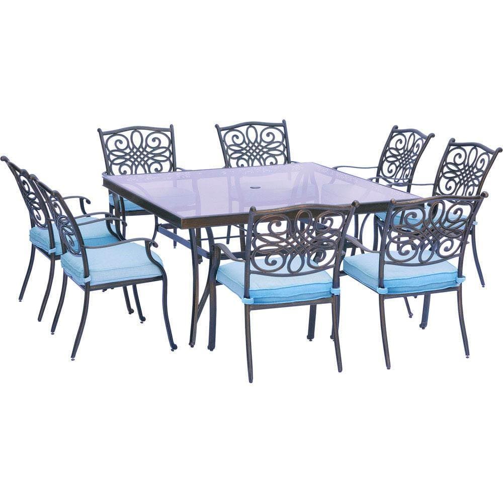 Hanover Outdoor Dining Set Hanover - Traditions 9-Piece Dining Set in Blue with 60 In. Square Glass-Top Dining Table - TRADDN9PCSQG-BLU