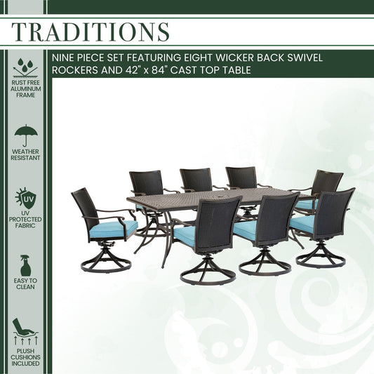 Hanover Outdoor Dining Set Hanover - Traditions 9-Piece Dining Set in Blue with 8 Wicker Back Swivel Rockers and Extra Large 42 in. x 84 in. Cast-Top Table - TRADDNWB9PCSWC-BLU