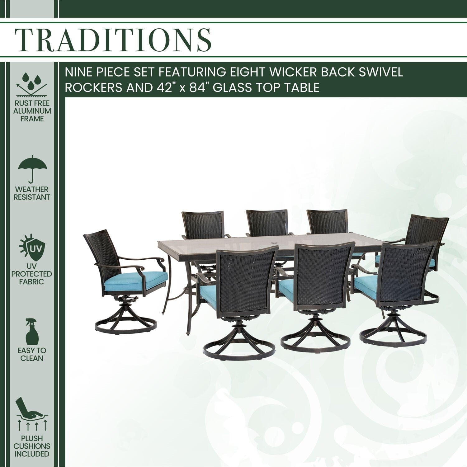 Hanover Outdoor Dining Set Hanover - Traditions 9-Piece Dining Set in Blue with 8 Wicker Back Swivel Rockers and Extra Large 42 in. x 84 in. Glass-Top Table - TRADDNWB9PCSWG-BLU