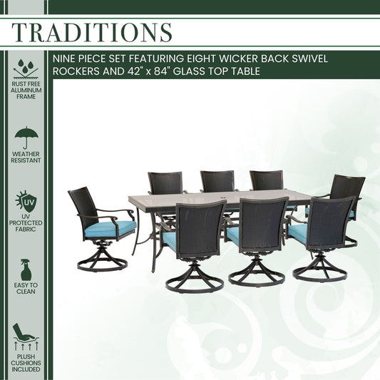 Hanover Outdoor Dining Set Hanover - Traditions 9-Piece Dining Set in Blue with 8 Wicker Back Swivel Rockers and Extra Large 42 in. x 84 in. Glass-Top Table - TRADDNWB9PCSWG-BLU