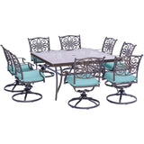 Hanover Outdoor Dining Set Hanover - Traditions 9-Piece Dining Set in Blue with a 60 In. Square Glass-Top Dining Table - TRADDN9PCSWSQG-BLU