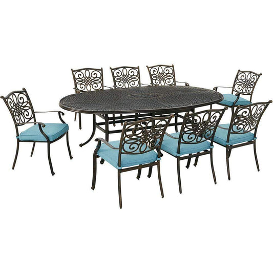 Hanover Outdoor Dining Set Hanover Traditions 9-Piece Dining Set in Blue with Eight Stationary Dining Chairs and 95-in. x 60-in. Oval Cast Dining Table TRADDN9PCOV-BLU