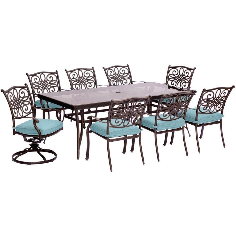 Hanover Outdoor Dining Set Hanover - Traditions 9-Piece Dining Set in Blue with Extra Large Glass-Top Dining Table - TRADDN9PCSW2G-BLU