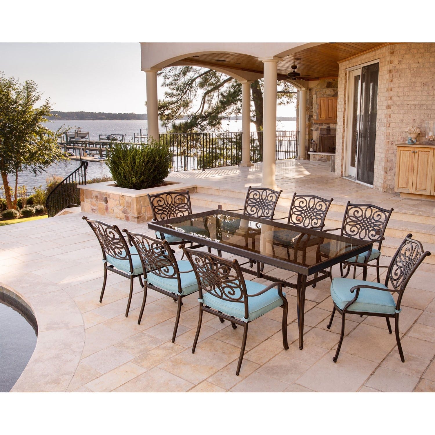 Hanover Outdoor Dining Set Hanover - Traditions 9-Piece Dining Set in Blue with Extra-Long 84 x 41 In. Glass-Top Dining Table - TRADDN9PCG-BLU
