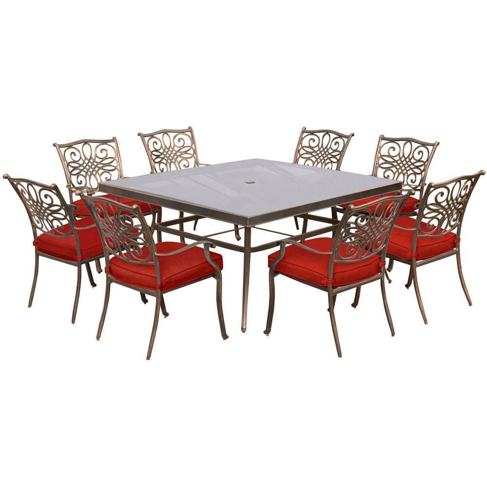 Hanover Outdoor Dining Set Hanover - Traditions 9-Piece Dining Set in Red with 60 In. Square Glass-Top Dining Table - TRADDN9PCSQG-RED