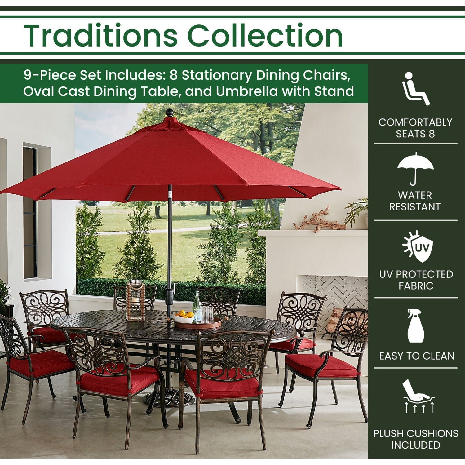 Hanover Outdoor Dining Set Hanover Traditions 9-Piece Dining Set in Red with 8 Dining Chairs, 95-in. x 60-in. Oval Cast-Top Table, Umbrella and Stand | TRADDN9PCOV-SU-R