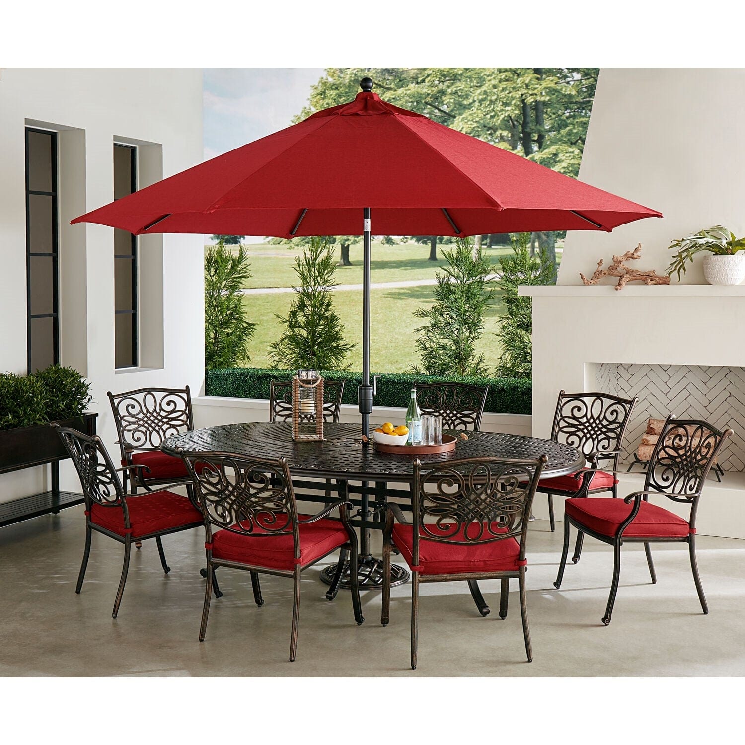Hanover Outdoor Dining Set Hanover Traditions 9-Piece Dining Set in Red with 8 Dining Chairs, 95-in. x 60-in. Oval Cast-Top Table, Umbrella and Stand | TRADDN9PCOV-SU-R