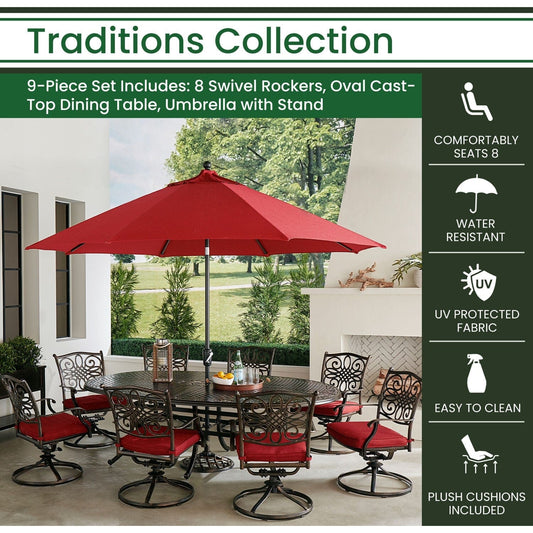 Hanover Outdoor Dining Set Hanover Traditions 9-Piece Dining Set in Red with 8 Swivel Rockers, 95-in. x 60-in. Oval Cast-Top Table, Umbrella and Umbrella Stand