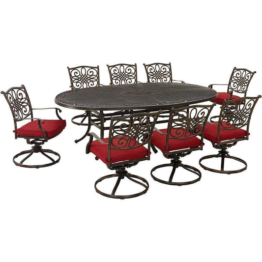 Hanover Outdoor Dining Set Hanover Traditions 9-Piece Dining Set in Red with 8 Swivel Rockers and 95-in. x 60-in. Oval Cast-Top Dining Table