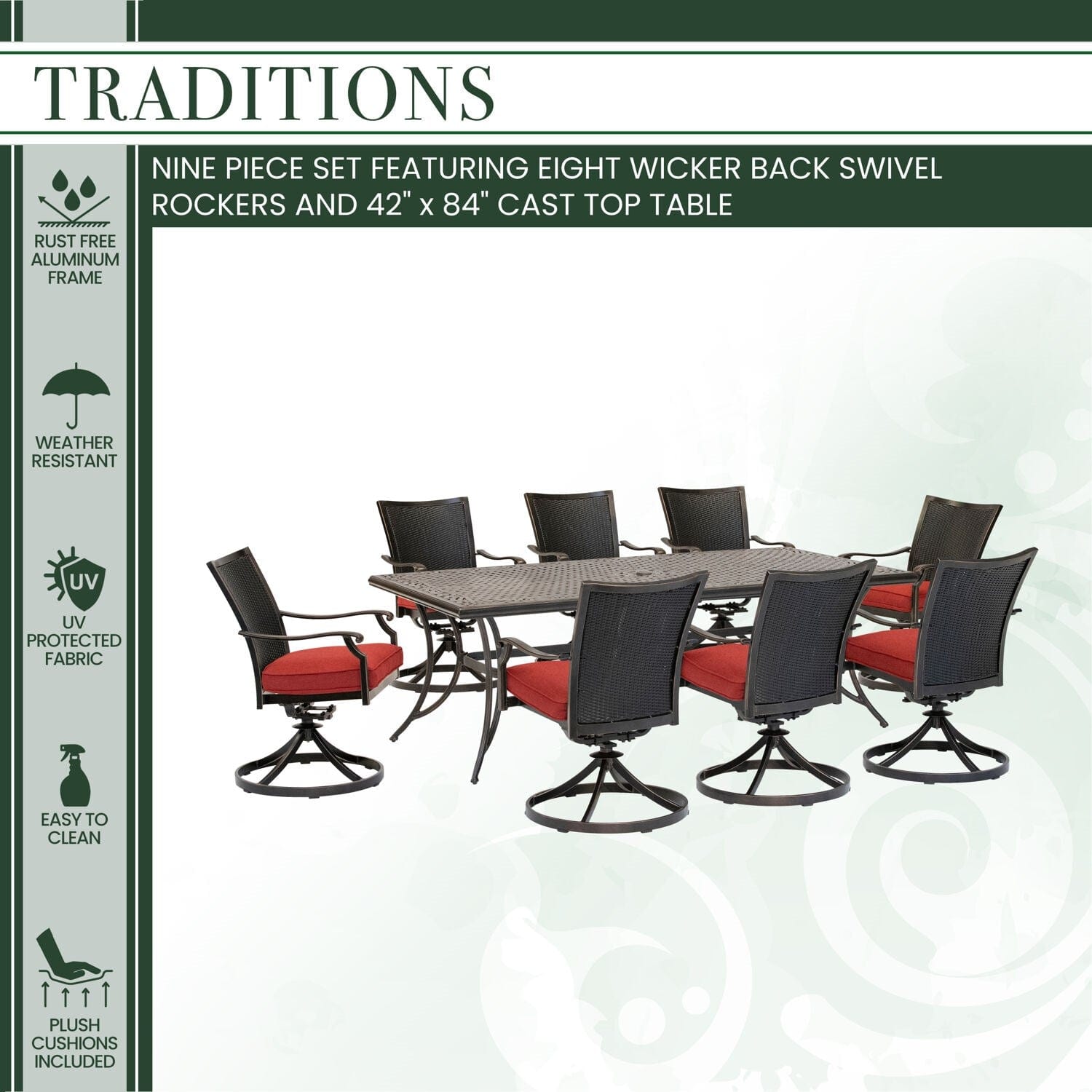 Hanover Outdoor Dining Set Hanover - Traditions 9-Piece Dining Set in Red with 8 Wicker Back Swivel Rockers and Extra Large 42 in. x 84 in. Cast-Top Table - TRADDNWB9PCSWC-RED