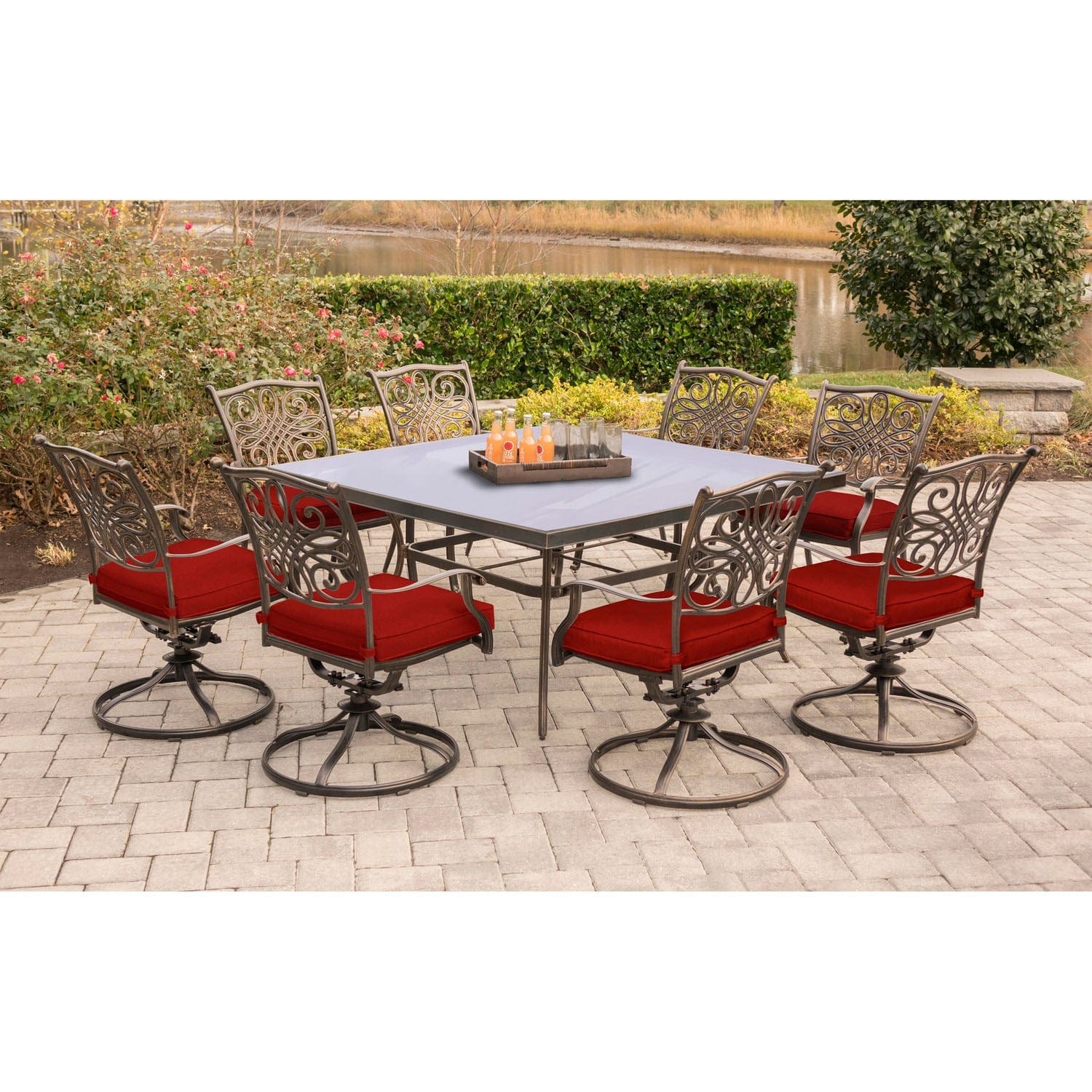 Hanover Outdoor Dining Set Hanover - Traditions 9-Piece Dining Set in Red with a 60 In. Square Glass-Top Dining Table - TRADDN9PCSWSQG-RED