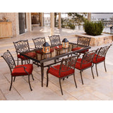 Hanover Outdoor Dining Set Hanover - Traditions 9-Piece Dining Set in Red with an 84 x 41 In. Glass-Top Dining Table - TRADDN9PCG-RED