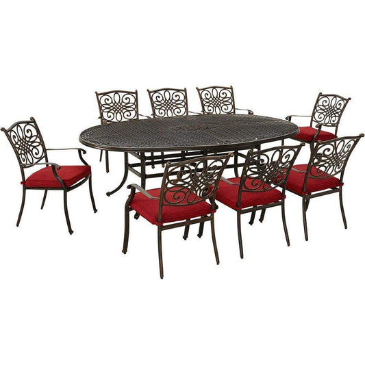 Hanover Outdoor Dining Set Hanover Traditions 9-Piece Dining Set in Red with Eight Stationary Dining Chairs and 95-in. x 60-in. Oval Cast Dining Table