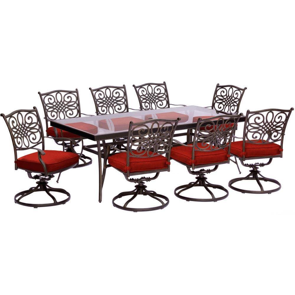 Hanover Outdoor Dining Set Hanover Traditions 9-Piece Dining Set in Red with Extra Large Glass-Top Dining Table, TRADDN9PCSWG-RED