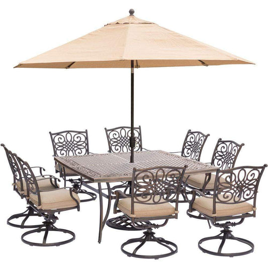 Hanover Outdoor Dining Set Hanover Traditions 9-Piece Dining Set in Tan with 60 In. Square Cast-Top Dining Table, 11 Ft. Table Umbrella, and Umbrella Stand, TRADDN9PCSWSQ8-SU