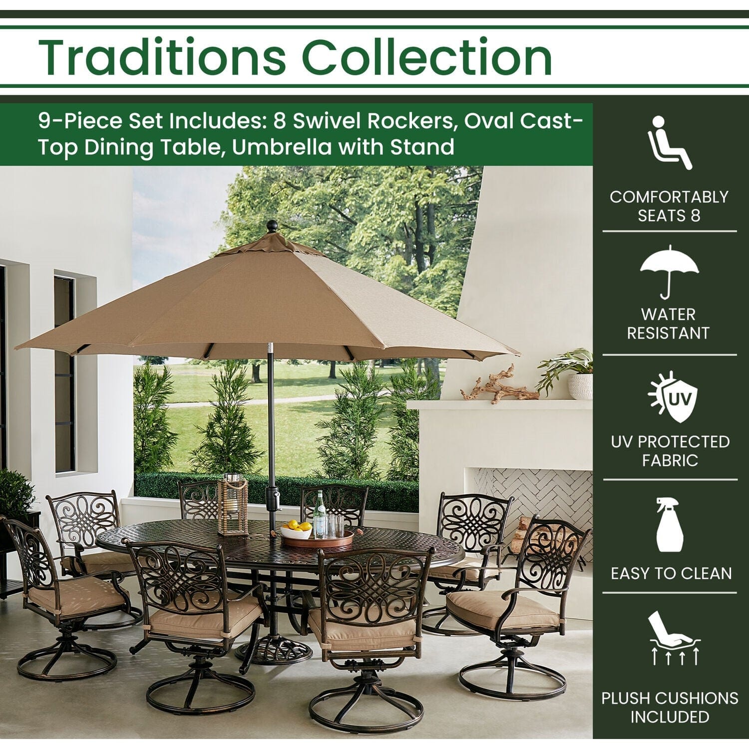 Hanover Outdoor Dining Set Hanover Traditions 9-Piece Dining Set in Tan with 8 Swivel Rockers, 95-in. x 60-in. Oval Cast-Top Table, Umbrella and Umbrella Stand