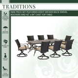 Hanover Outdoor Dining Set Hanover - Traditions 9-Piece Dining Set in Tan with 8 Wicker Back Swivel Rockers and Extra Large 42 in. x 84 in. Cast-Top Table - TRADDNWB9PCSWC-TAN