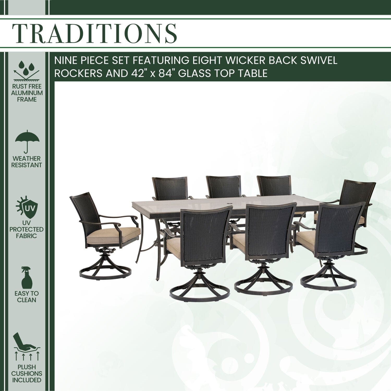 Hanover Outdoor Dining Set Hanover - Traditions 9-Piece Dining Set in Tan with 8 Wicker Back Swivel Rockers and Extra Large 42 in. x 84 in. Glass-Top Table - TRADDNWB9PCSWG-TAN