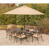 Hanover Outdoor Dining Set Hanover Traditions 9-Piece Dining Set in Tan with an 84 x 41 in. Cast-Top Dining Table, 11 Ft. Table Umbrella and Umbrella Stand - TRADDN9PC-SU