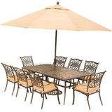 Hanover Outdoor Dining Set Hanover Traditions 9-Piece Dining Set in Tan with an 84 x 41 in. Cast-Top Dining Table, 11 Ft. Table Umbrella and Umbrella Stand - TRADDN9PC-SU
