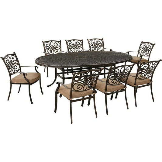 Hanover Outdoor Dining Set Hanover Traditions 9-Piece Dining Set in Tan with Eight Stationary Dining Chairs and 95-in. x 60-in. Oval Cast Dining Table