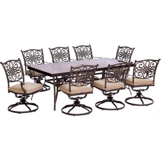 Hanover Outdoor Dining Set Hanover - Traditions 9-Piece Dining Set in Tan with Extra Large Glass-Top Dining Table
