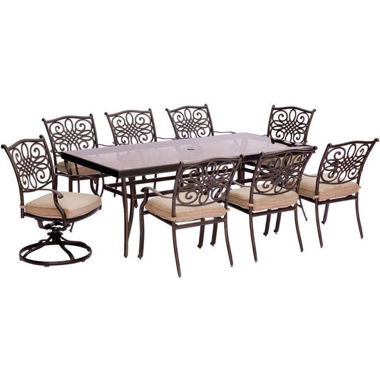 Hanover Outdoor Dining Set Hanover - Traditions 9-Piece Dining Set in Tan with Extra Large Glass-Top Dining Table - TRADDN9PCSW2G