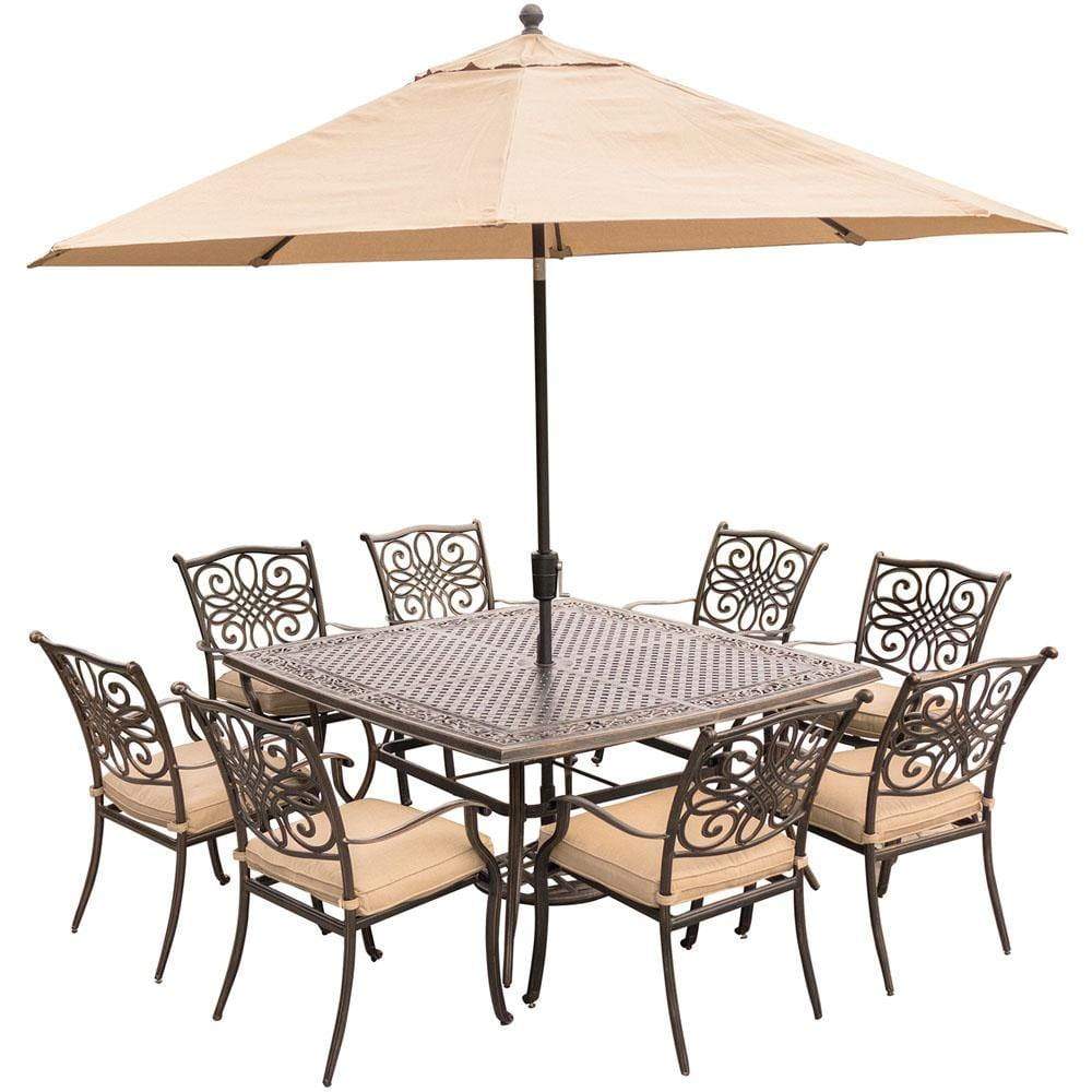 Hanover Outdoor Dining Set Hanover Traditions 9-Piece Dining Set in Tan with Square 60 In. Cast-Top Dining Table, 11 Ft. Table Umbrella, and Umbrella Base - TRADDN9PCSQ-SU