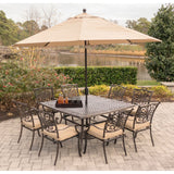 Hanover Outdoor Dining Set Hanover -Traditions 9-Piece Dining Set in Tan with Square 60 In. Cast-Top Dining Table, 11 Ft. Table Umbrella, and Umbrella Base | TRADDN9PCSQ-SU