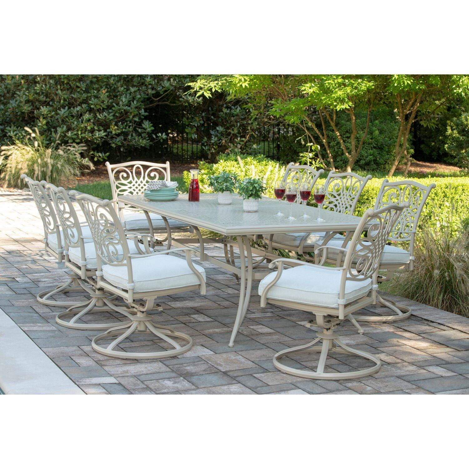 Hanover Outdoor Dining Set Hanover Traditions 9-Piece Dining Set with 8 Swivel Rockers, Large 84-in. x 42-in. Cast-top Table, 11-Ft. Table - TRADDNSD9PCSW8-BE