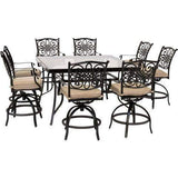Hanover Outdoor Dining Set Hanover - Traditions 9-Piece High-Dining Set in Natural Oat with 8 Swivel Chairs and a 60 In. Square Glass-Top Table - TRADDN9PCBRSQG-TAN