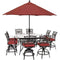Hanover Outdoor Dining Set Hanover - Traditions 9-Piece High-Dining Set in Red with 8 Swivel Chairs, a 60 In. Square Glass-Top Table, Umbrella and Stand - TRADDN9PCBRSQG-SU-R